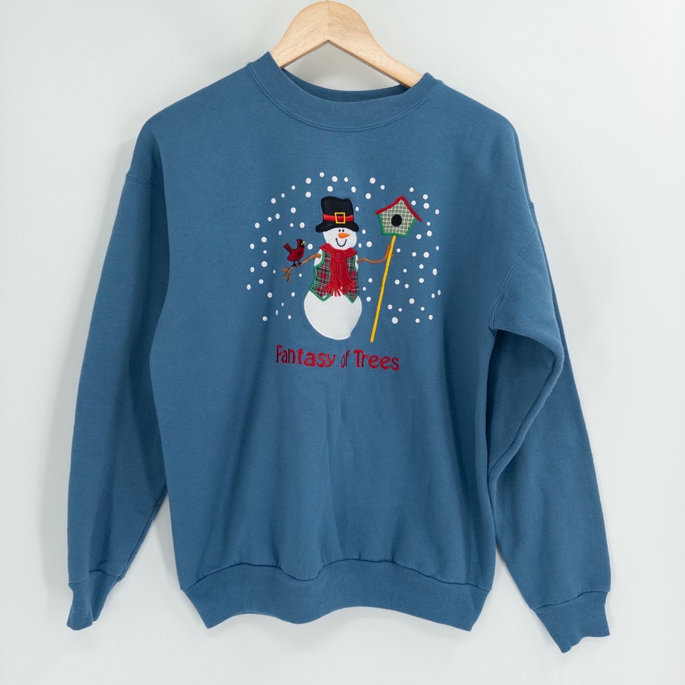 Vintage 90s Christmas Sweatshirt Womens M Blue Snowman Granny Holiday Retro Ugly